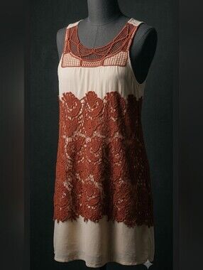 blu pepper Tank Dress Cream with Rust Crochet Overlay Women's Size Large